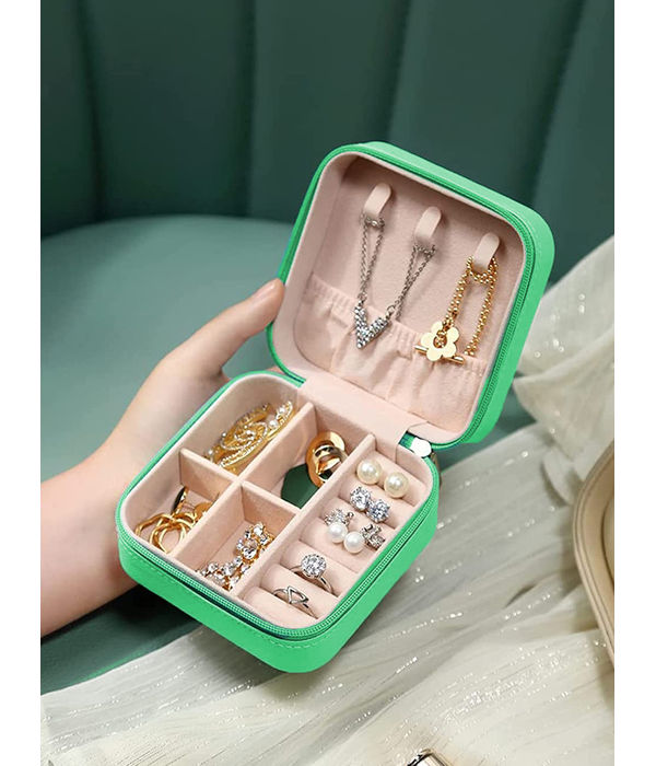 YouBella Jewellery Organiser Jewellery Make up Box PU Leather Zipper Portable Travel Storage Box Case with Dividers Container for Rings, Earrings, Necklace Home Organizer (Green)